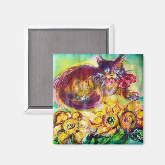 KATZE MIT ROTEN RIBBON UND SONNENBLUMEN MAGNET (Vorderseite/Rückseite)