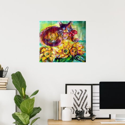KATZE MIT ROTEN RIBBON UND SONNENBLUMEN POSTER (Heimbüro)