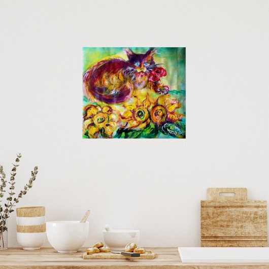 KATZE MIT ROTEN RIBBON UND SONNENBLUMEN POSTER (Küche)