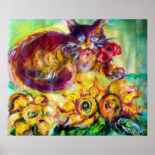 KATZE MIT ROTEN RIBBON UND SONNENBLUMEN POSTER