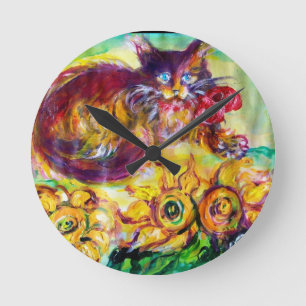 KATZE MIT ROTEN RIBBON UND SONNENBLUMEN RUNDE WANDUHR