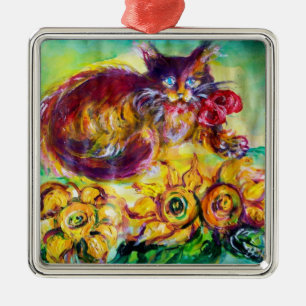 KATZE MIT ROTEN RIBBON UND SONNENBLUMEN SILBERNES ORNAMENT