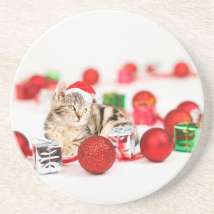 Katze mit roter Weihnachtsmannmütze Weihnachtsbaum Untersetzer