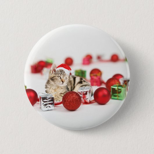 Katze mit roter Weihnachtsmannmütze Weihnachtsschm Button (Vorderseite)