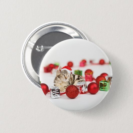 Katze mit roter Weihnachtsmannmütze Weihnachtsschm Button (Vorne & Hinten)