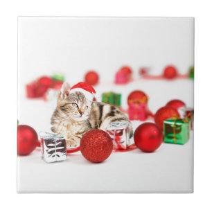 Katze mit roter Weihnachtsmannmütze Weihnachtsschm Fliese