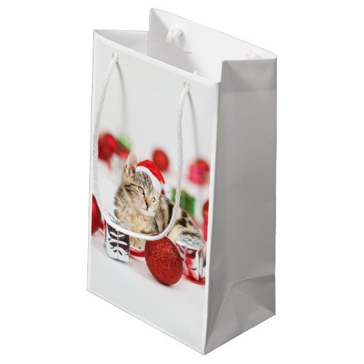 Katze mit roter Weihnachtsmannmütze Weihnachtsschm Kleine Geschenktüte (Rückseite Schrägansicht)