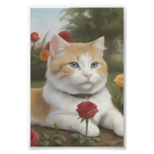 Katze mit rundem Gesicht und roten Rosen Fotodruck