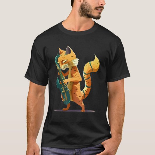 Katze mit Saxophon T-Shirt (Vorderseite)