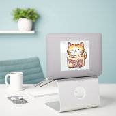 Katze mit Schild Aufkleber (Laptop auf Schreibtisch)