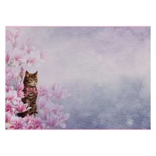 Katze mit Schleife rosa Magnolien Vintage-Bild Post-it Klebezettel