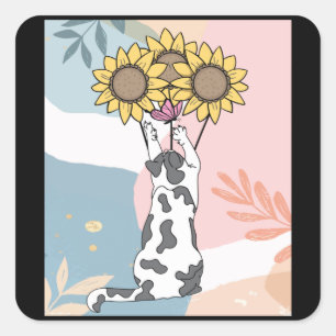 Katze mit Schmetterling und Sonnenblumen Quadratischer Aufkleber