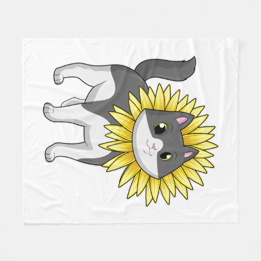 Katze mit Sonnenblume Fleecedecke (Vorderseite (Horizontal))