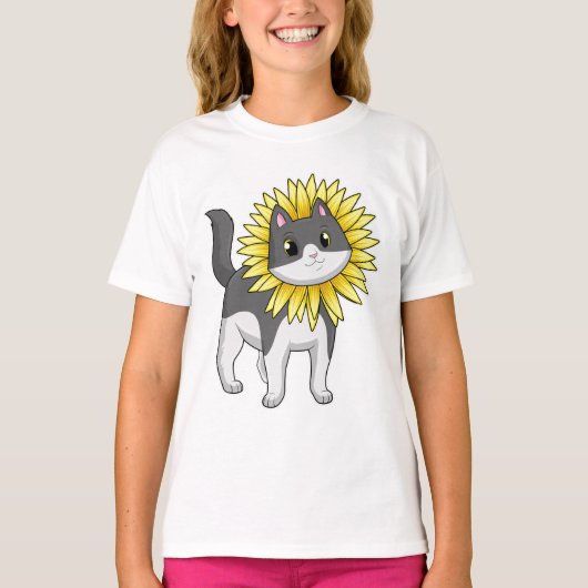 Katze mit Sonnenblume T-Shirt (Vorderseite)
