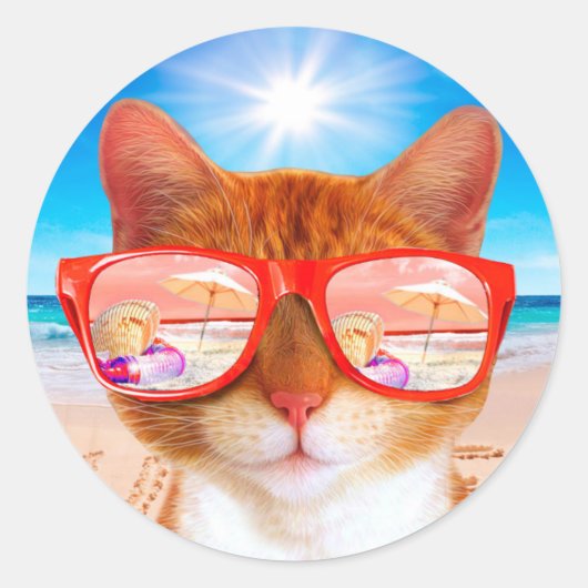 Katze mit Sonnenbrille am Strand Runder Aufkleber (Vorderseite)