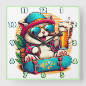 Katze mit Sonnenbrille auf einem Skateboard Quadratische Wanduhr (Vorderseite)