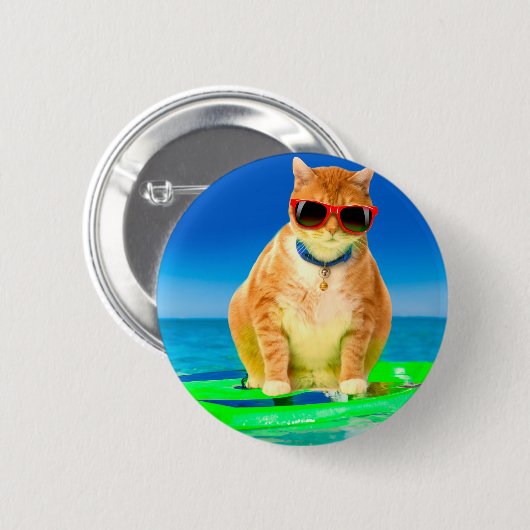 Katze mit Sonnenbrille, die im Ozean surfen Button (Vorne & Hinten)