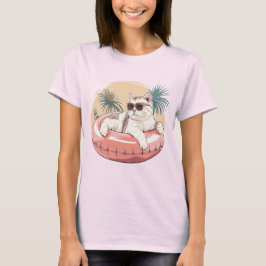 Katze mit Sonnenbrille in einem rosa Schwimmring T-Shirt