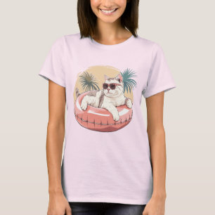 Katze mit Sonnenbrille in einem rosa Schwimmring T-Shirt