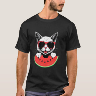Katze mit Sonnenbrille isst Wassermelone Sommerfer T-Shirt
