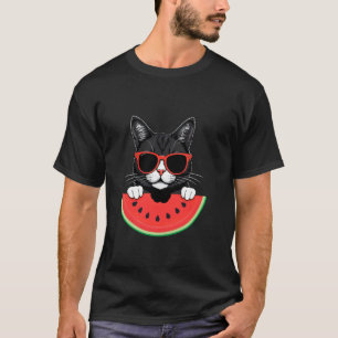 Katze mit Sonnenbrille isst Wassermelone Sommerfer T-Shirt