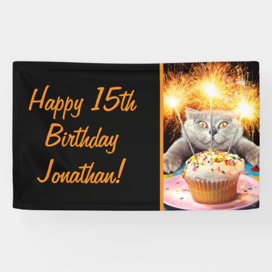 Katze mit Sparklerkuchen Banner (Horizontal)