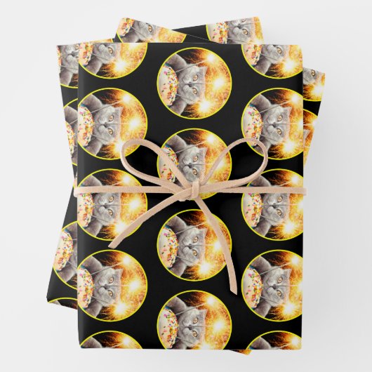Katze mit Sparklerkuchen Geschenkpapier Set (Beispiel)
