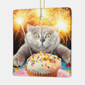 Katze mit Sparklerkuchen Keramikornament (Links)
