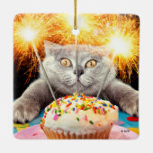 Katze mit Sparklerkuchen Keramikornament (Rückseite)