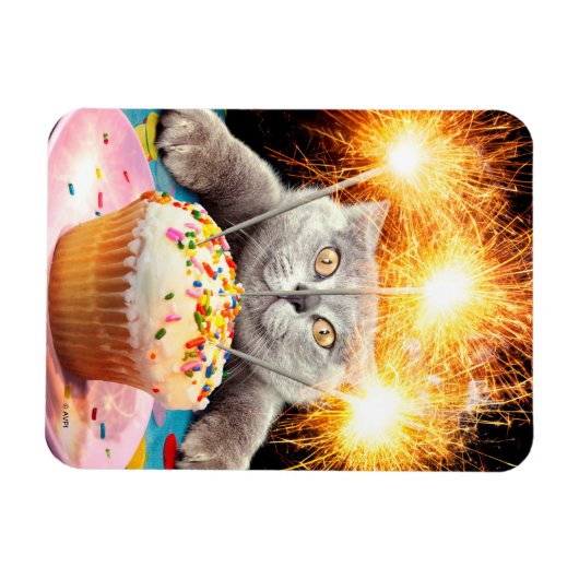 Katze mit Sparklerkuchen Magnet (Horizontal)