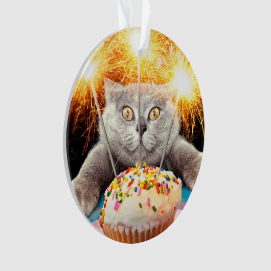 Katze mit Sparklerkuchen Ornament (Vorderseite)