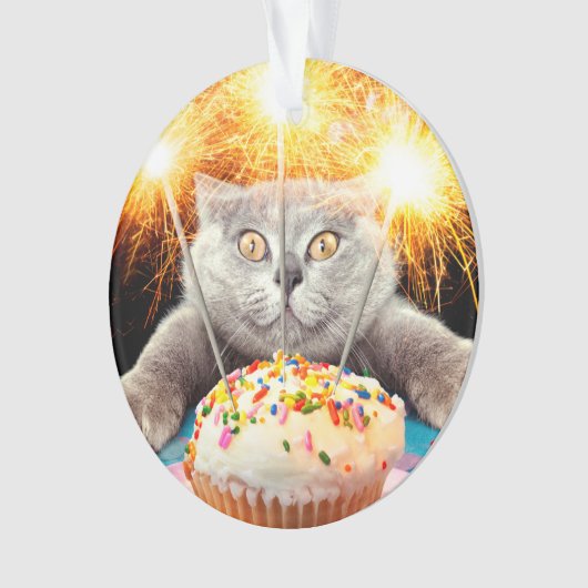 Katze mit Sparklerkuchen Ornament (Vorderseite)