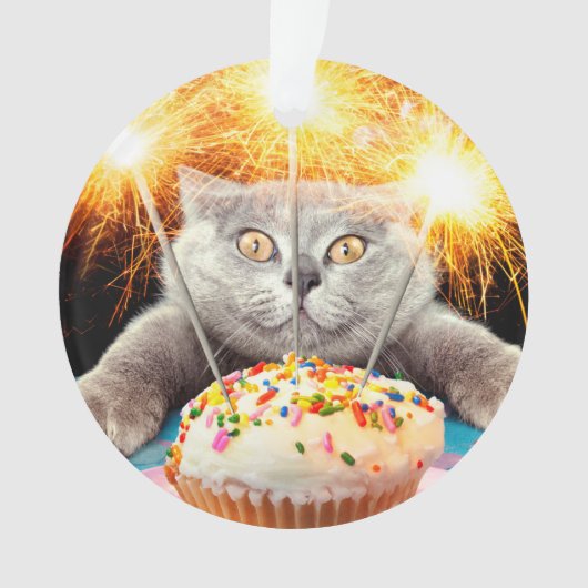 Katze mit Sparklerkuchen Ornament (Vorderseite)