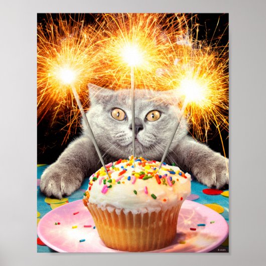 Katze mit Sparklerkuchen Poster (Vorne)