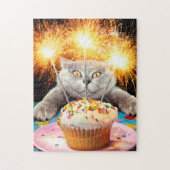 Katze mit Sparklerkuchen Puzzle (Vertikal)