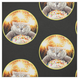Katze mit Sparklerkuchen Stoff
