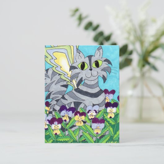 Katze mit Stiefmütterchen Postkarte (Stehend Vorderseite)