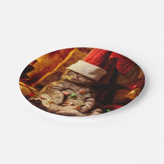 Katze mit Strumpf auf Kopf Pappteller (Schrägansicht)