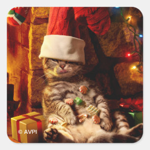 Katze mit Strumpf auf Kopf Quadratischer Aufkleber