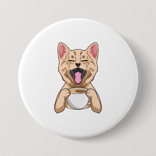 Katze mit Tasse Kaffee Button (Vorderseite)