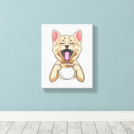 Katze mit Tasse Kaffee Leinwanddruck (Insitu (Holzboden))