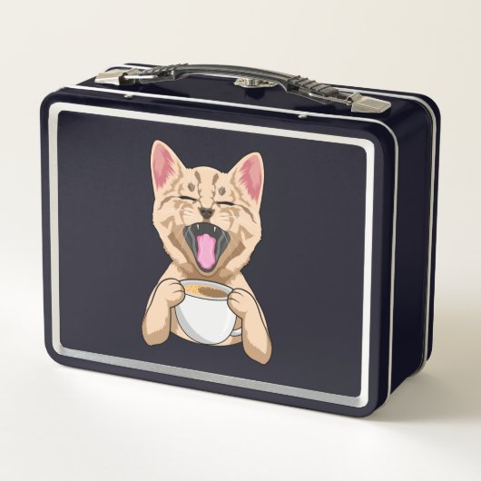 Katze mit Tasse Kaffee Metall Lunchbox (Rückseite)
