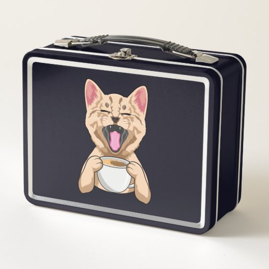 Katze mit Tasse Kaffee Metall Lunchbox (Vorderseite)