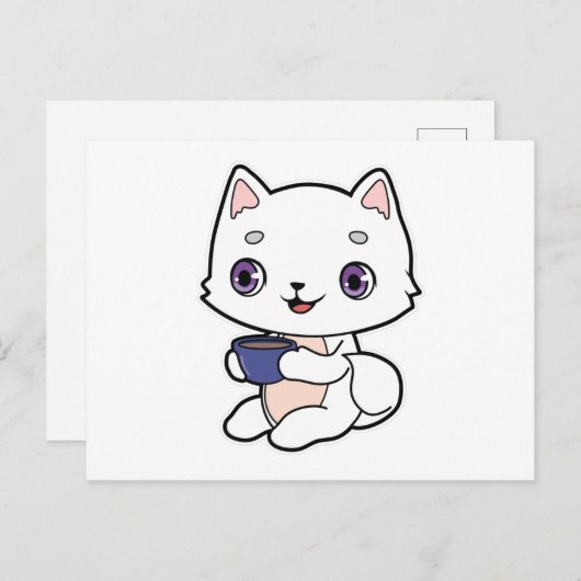 Katze mit Tasse Kaffee Postkarte (Vorne/Hinten)