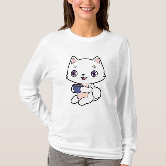 Katze mit Tasse Kaffee T-Shirt (Vorderseite)