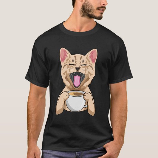 Katze mit Tasse Kaffee T-Shirt (Vorderseite)