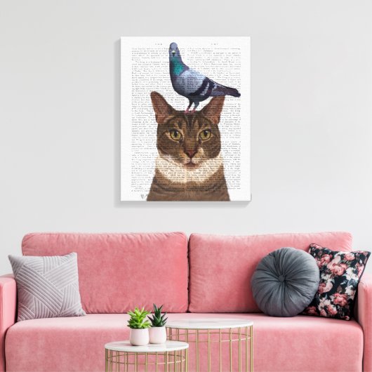 Katze mit Taube auf Kopf Leinwanddruck (Insitu (Wohnzimmer))