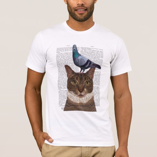 Katze mit Taube auf Kopf T-Shirt (Vorderseite)