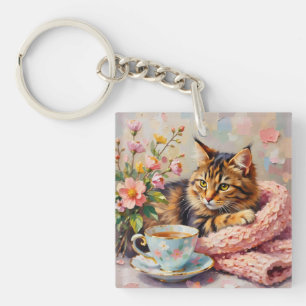 Katze mit Tee-Cup Schlüsselanhänger