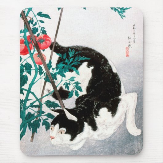 Katze mit Tomato-Pflanze (1931) von Hiroaki Takaha Mousepad (Vorne)